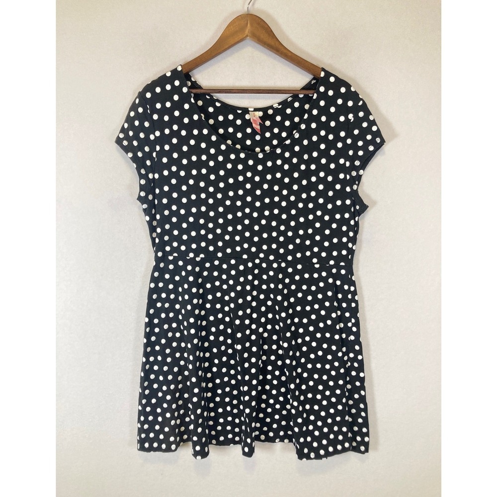 Retro No Boundaries Women XXL Black White Polka Dot Skater Cap Sleeve Dress